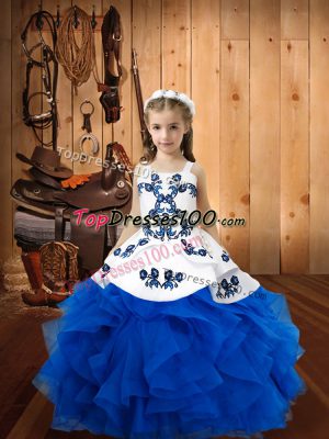 Straps Sleeveless Little Girls Pageant Dress Floor Length Embroidery and Ruffles Blue Organza