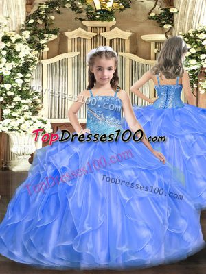 High Class Floor Length Blue Juniors Party Dress Organza and Sequined Sleeveless Ruffles and Sequins