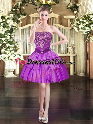Extravagant Purple Organza Lace Up Strapless Sleeveless Mini Length Beading