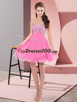 Sleeveless Chiffon Mini Length Lace Up Prom Evening Gown in Rose Pink with Beading