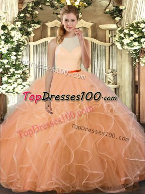 Extravagant Sleeveless Floor Length Ruffles Backless Sweet 16 Dresses with Peach