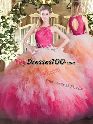 Custom Design Organza Sleeveless Floor Length Vestidos de Quinceanera and Lace and Ruffles