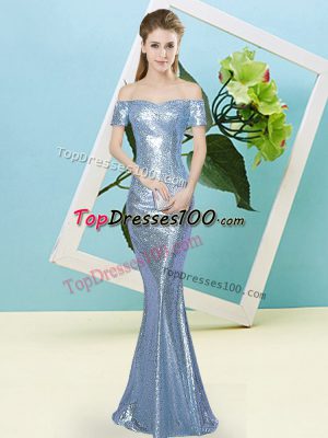Popular Floor Length Baby Blue Prom Dress Off The Shoulder Short Sleeves Zipper