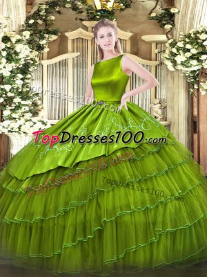Olive Green Lace Up Quinceanera Gown Embroidery and Ruffled Layers Sleeveless Floor Length