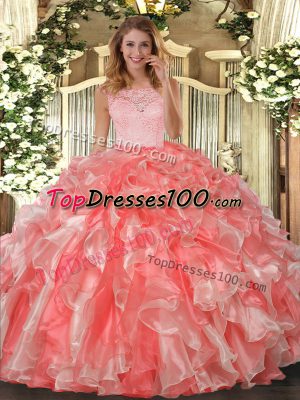 Floor Length Coral Red 15th Birthday Dress Organza Sleeveless Lace and Ruffles