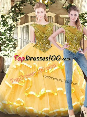 Free and Easy Gold Sleeveless Floor Length Beading and Ruffled Layers Zipper Quince Ball Gowns