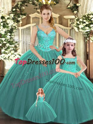 Straps Sleeveless Lace Up Sweet 16 Dresses Turquoise Tulle