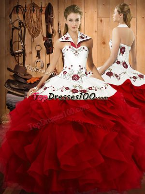Captivating Wine Red Sleeveless Embroidery and Ruffles Floor Length 15 Quinceanera Dress