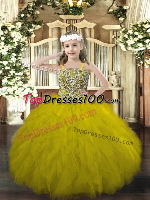 High End Olive Green Sleeveless Beading and Ruffles Floor Length Kids Formal Wear