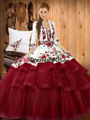 Fitting Wine Red Sweetheart Neckline Embroidery Quinceanera Gowns Sleeveless Lace Up