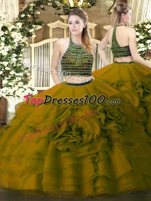 Cute Two Pieces Sweet 16 Quinceanera Dress Olive Green Halter Top Tulle Sleeveless Floor Length Zipper