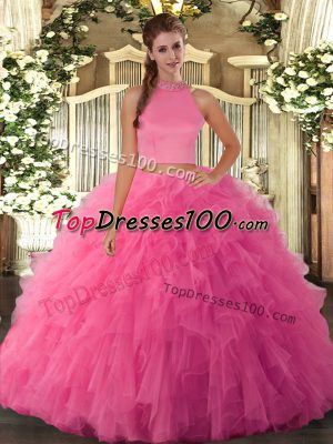 Latest Hot Pink Two Pieces Beading and Ruffles Quinceanera Dress Backless Tulle Sleeveless Floor Length