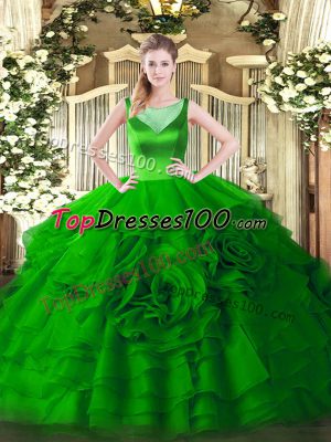 Floor Length Zipper Quinceanera Dresses Green for Sweet 16 and Quinceanera with Beading and Ruffled Layers