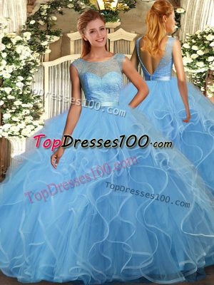 Floor Length Baby Blue Quinceanera Dress Tulle Sleeveless Beading and Ruffles