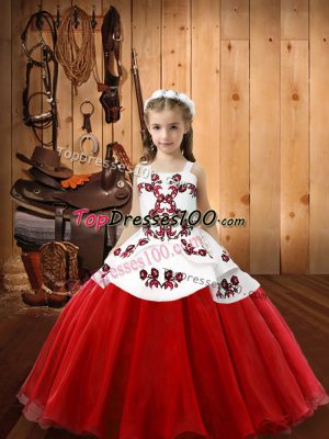 Sleeveless Floor Length Embroidery Lace Up Winning Pageant Gowns with White And Red