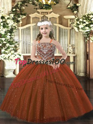 Elegant Rust Red Little Girl Pageant Dress Party and Quinceanera with Beading Straps Sleeveless Lace Up