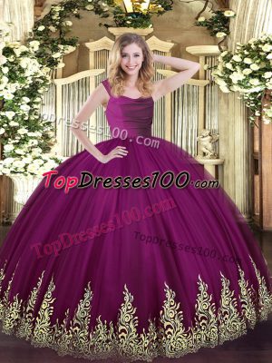 Glittering Fuchsia Zipper Straps Beading and Appliques Quinceanera Dress Tulle Sleeveless