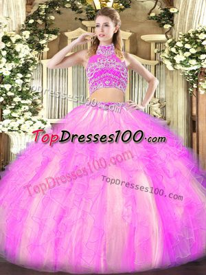 Lilac Backless High-neck Beading and Ruffles Quince Ball Gowns Tulle Sleeveless