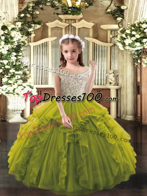 Olive Green Off The Shoulder Neckline Beading and Ruffles Little Girl Pageant Dress Sleeveless Lace Up