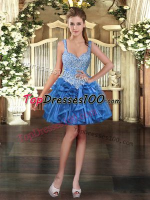 Super Blue Straps Neckline Beading and Ruffles Sleeveless Lace Up
