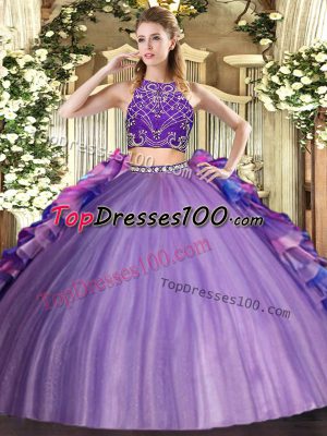 Sleeveless Tulle Floor Length Zipper Quinceanera Gowns in Multi-color with Beading and Ruffles
