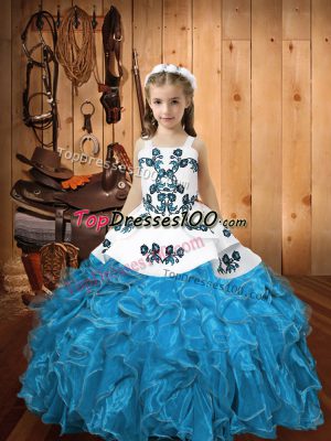 Beautiful Blue Lace Up Pageant Dress Womens Embroidery and Ruffles Sleeveless Floor Length