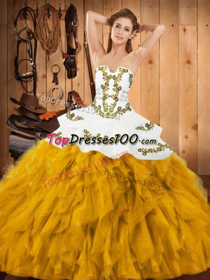 Fantastic Gold Lace Up Vestidos de Quinceanera Embroidery and Ruffles Sleeveless Floor Length