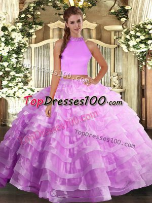 Hot Sale Lilac Sleeveless Beading and Ruffled Layers Floor Length Quince Ball Gowns