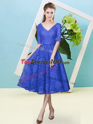 Tea Length Empire Half Sleeves Royal Blue Quinceanera Court of Honor Dress Lace Up