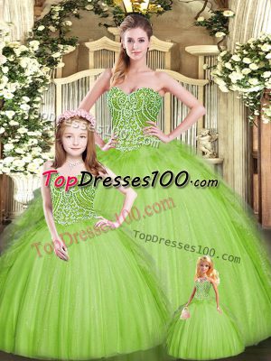 Floor Length Apple Green Vestidos de Quinceanera Tulle Sleeveless Beading and Embroidery