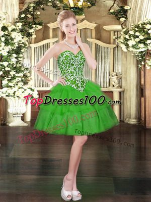 Green Organza Lace Up Prom Evening Gown Sleeveless Mini Length Beading and Ruffled Layers