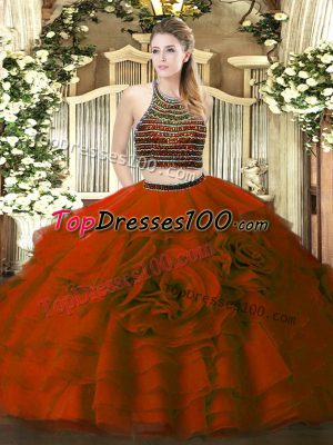Low Price Wine Red Two Pieces Halter Top Sleeveless Tulle Floor Length Zipper Beading and Ruffled Layers Quinceanera Gown