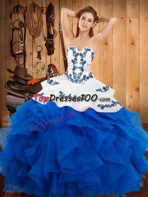 Blue Lace Up Vestidos de Quinceanera Embroidery and Ruffles Sleeveless Floor Length