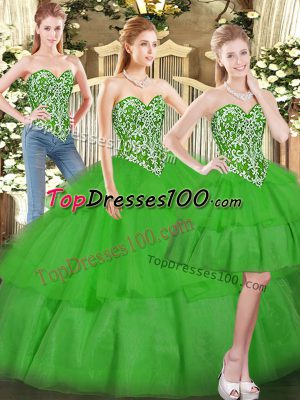 Deluxe Floor Length Green 15th Birthday Dress Tulle Sleeveless Beading and Ruffled Layers