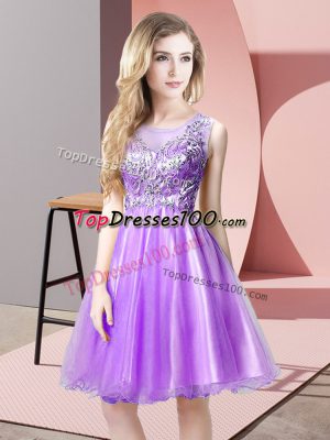 Lavender Scoop Neckline Beading Dress for Prom Sleeveless Zipper
