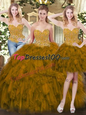 Exquisite Sleeveless Floor Length Beading and Ruffles Lace Up Sweet 16 Quinceanera Dress with Olive Green