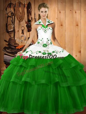 Beautiful Green Halter Top Neckline Embroidery and Ruffled Layers Quinceanera Gown Sleeveless Lace Up