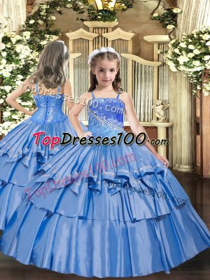 Hot Sale Baby Blue Sleeveless Organza Lace Up Little Girls Pageant Gowns for Party and Quinceanera