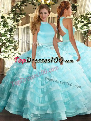 Graceful Floor Length Aqua Blue Sweet 16 Dress Halter Top Sleeveless Backless