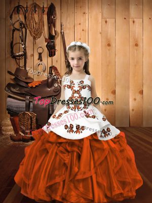 Excellent Rust Red Straps Zipper Embroidery Pageant Dress for Teens Sleeveless