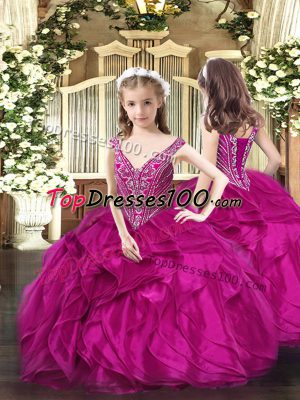 Fuchsia Ball Gowns Organza V-neck Sleeveless Beading and Ruffles Floor Length Lace Up Child Pageant Dress