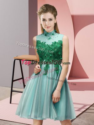 Light Blue Lace Up Bridesmaid Gown Appliques Sleeveless Knee Length