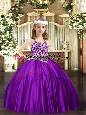 Purple Sleeveless Floor Length Beading Lace Up Little Girl Pageant Gowns