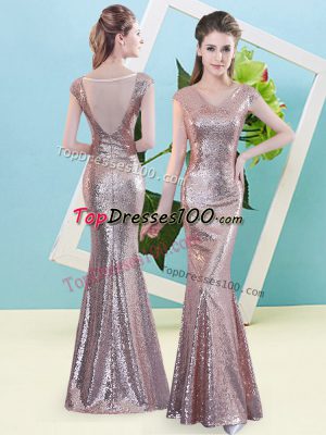 Luxury Gold V-neck Neckline Sequins Cap Sleeves Zipper