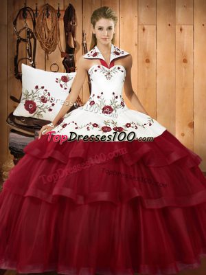 Pretty Wine Red Satin and Organza Lace Up Halter Top Sleeveless With Train 15th Birthday Dress Sweep Train Embroidery and Ruffled Layers