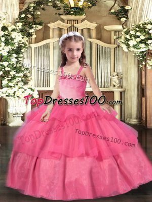 Discount Hot Pink Organza Lace Up Straps Sleeveless Floor Length Womens Party Dresses Appliques and Ruffled Layers