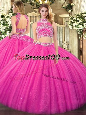 Custom Design Hot Pink High-neck Backless Beading Sweet 16 Dresses Sleeveless