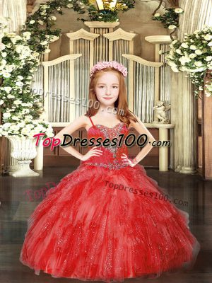 Red Tulle Lace Up Party Dress for Toddlers Sleeveless Floor Length Beading and Ruffles