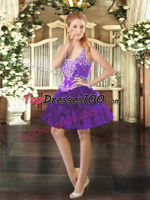 High Quality Ball Gowns Prom Dresses Purple Straps Organza Sleeveless Mini Length Lace Up