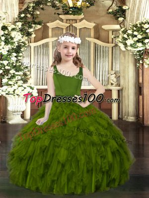 Scoop Sleeveless Child Pageant Dress Floor Length Beading and Ruffles Olive Green Organza